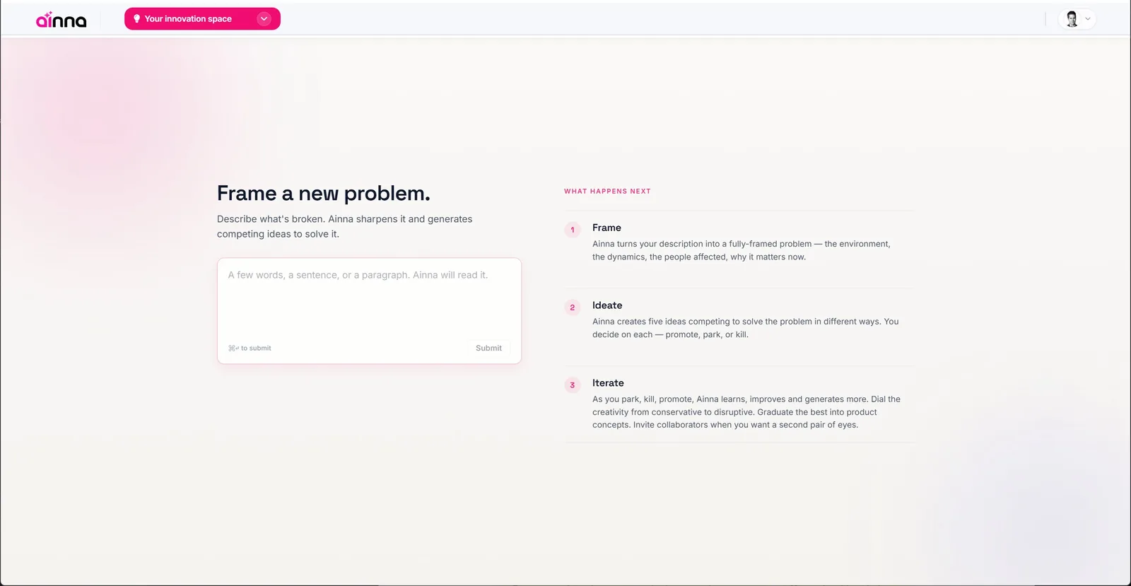 Ainna Innovation Space: framing a new product problem from a plain-language description