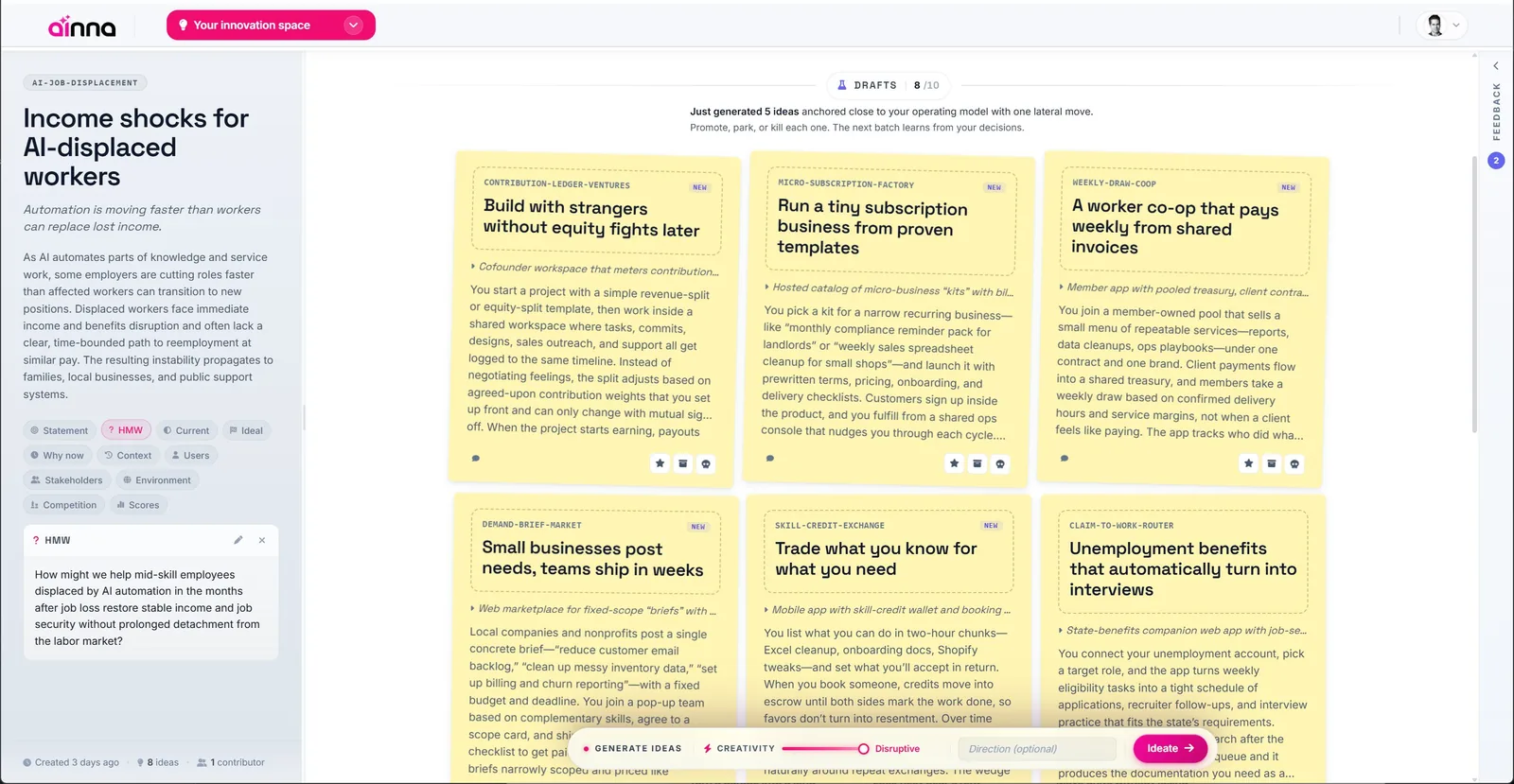 Ainna generating a board of competing product ideas, each marked promote, park, or kill