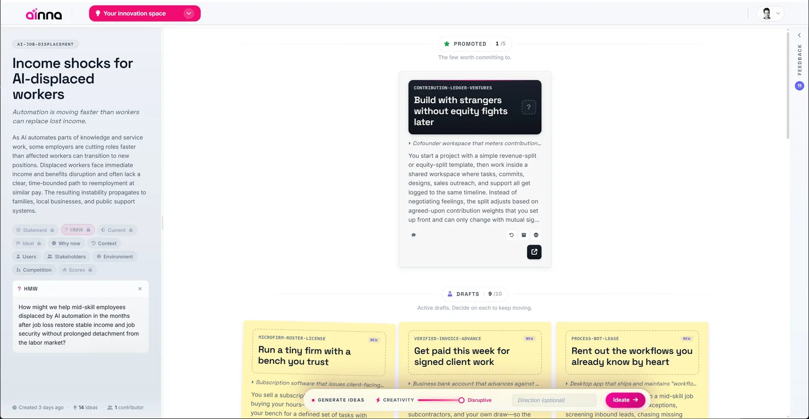 Ainna promoting the strongest idea from a portfolio of drafts during structured ideation