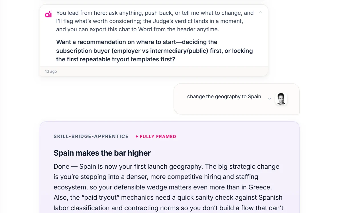Ainna framing view: an advisor exchange where a request to change the launch geography is answered with a reframed concept, marked fully framed, and a follow-up question about the next decision