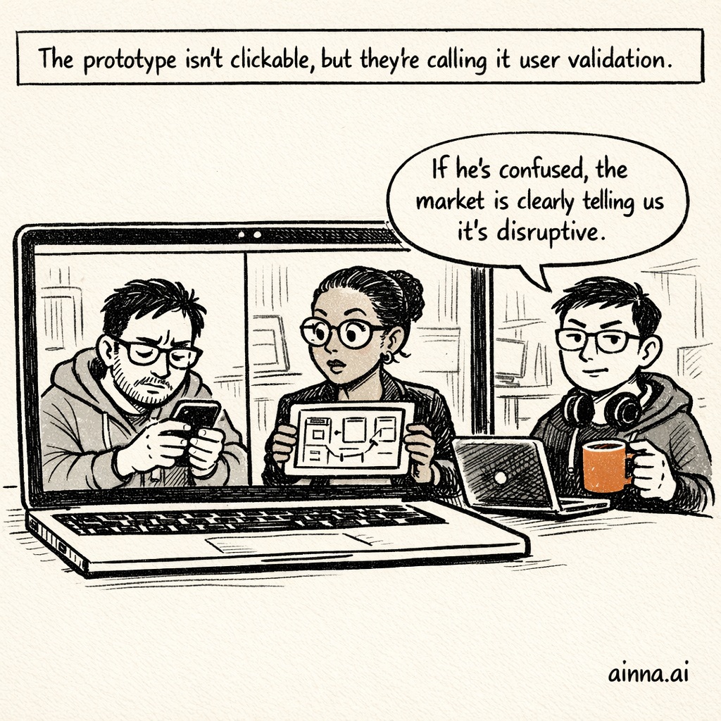 On a video call screen, Sam looks confused at a static prototype while Jin says, "If he's confused, the market is clearly telling us it's disruptive."