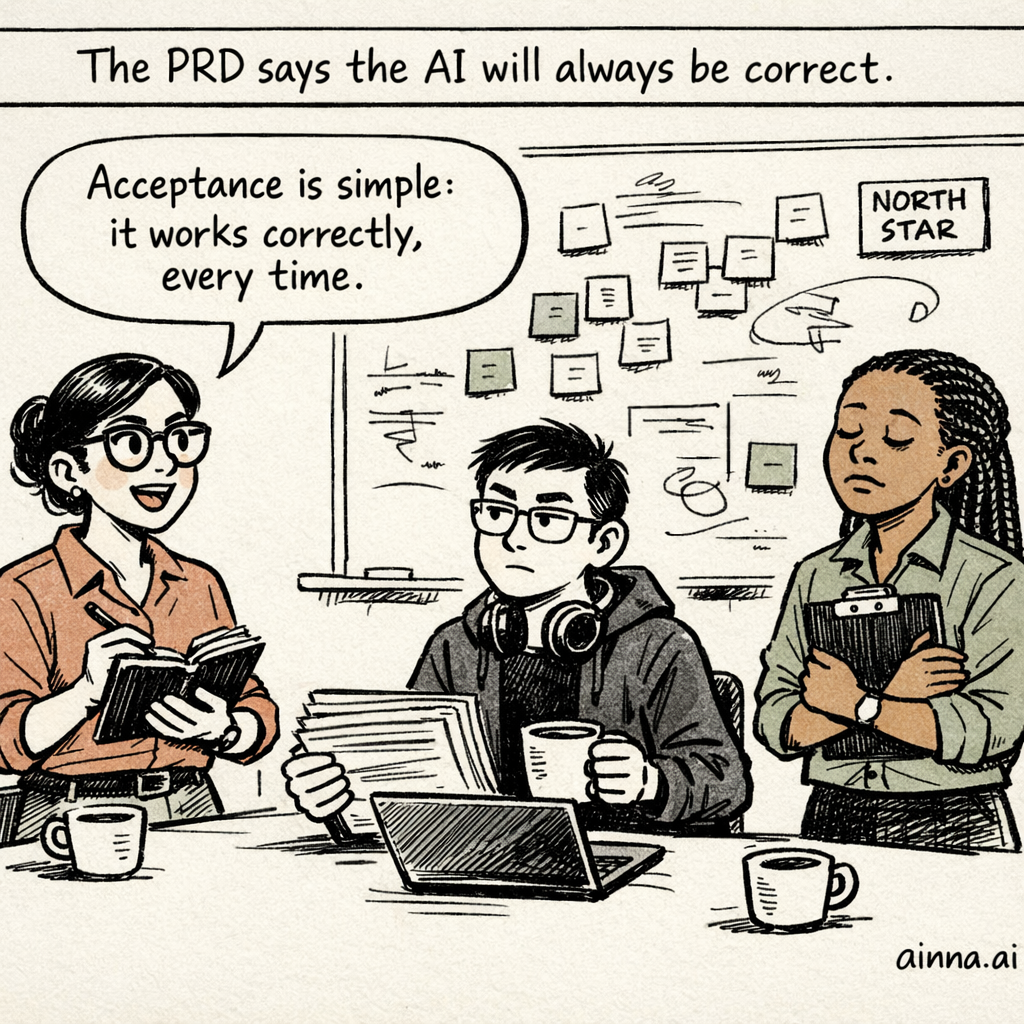 In a whiteboard meeting room, Maya the PM says, "Acceptance is simple: it works correctly, every time," while Jin and Ife react skeptically.
