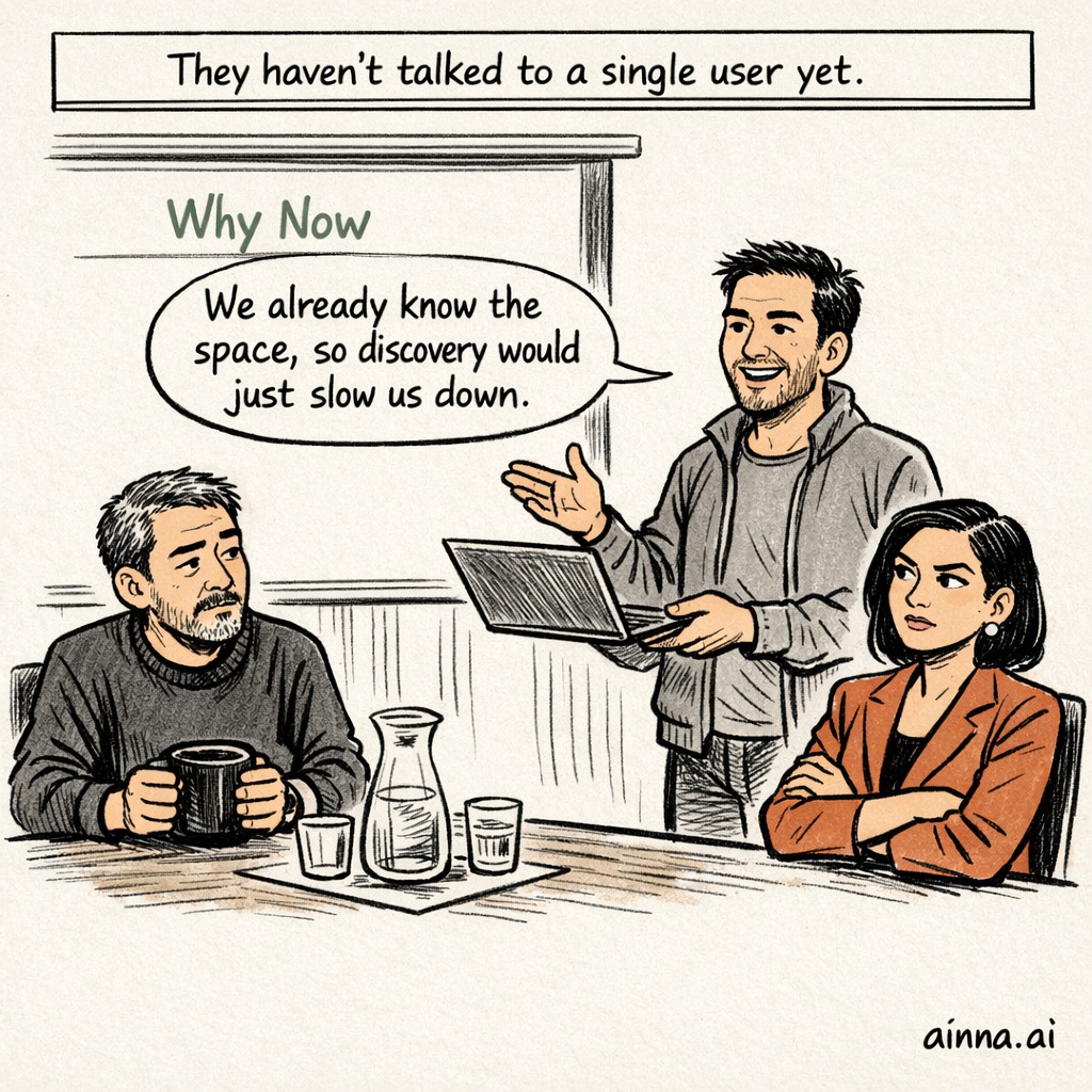 In an investor pitch room, Theo gestures at a slide and says, “We already know the space, so discovery would just slow us down.”