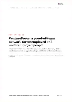 Sample System Analysis, Design and Architecture for VentureForce, page 1: Title page. The system's architecture in brief, under the concept's name.