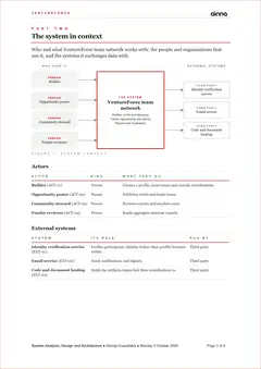 Sample System Analysis, Design and Architecture for VentureForce, page 3: The system in context. Who uses the system and what it exchanges data with, drawn as a diagram of editable Word shapes.