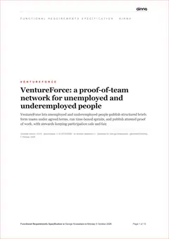 Sample Functional Requirements Specification (FRS) for VentureForce, page 1: Title page. The concept and what the system does, with the concept version and the product definition it was written against.