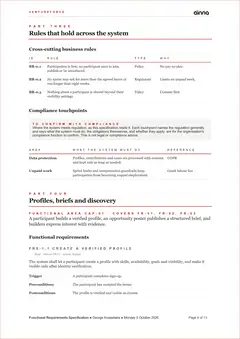 Sample Functional Requirements Specification (FRS) for VentureForce, page 4: Rules, compliance, then the first area. The rules that hold across the system and where it meets regulation; then the first functional area, requirement by requirement.