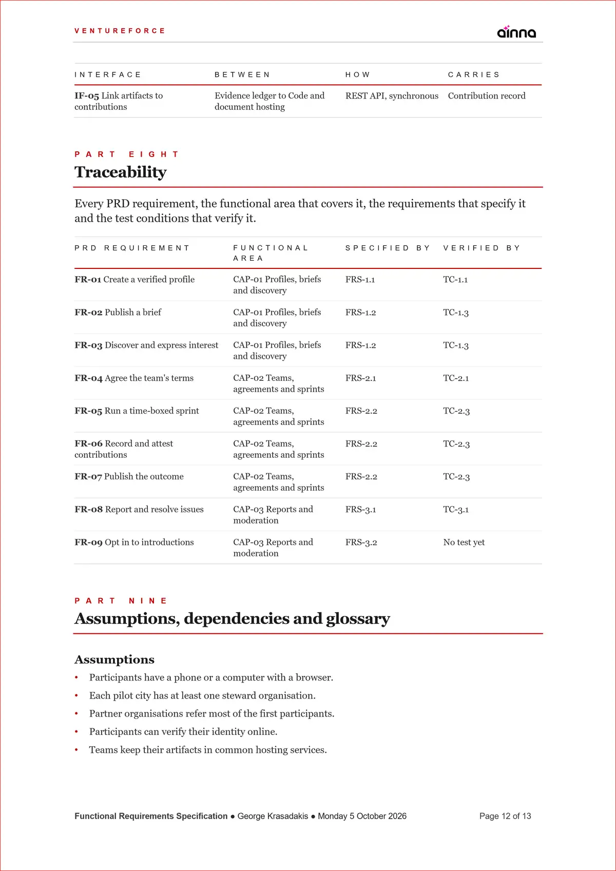 Sample Functional Requirements Specification (FRS) for VentureForce, page 12: Traceability. Every PRD requirement traced to the area that covers it, the requirements that specify it and the tests that verify it.