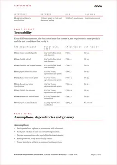 Sample Functional Requirements Specification (FRS) for VentureForce, page 12: Traceability. Every PRD requirement traced to the area that covers it, the requirements that specify it and the tests that verify it.