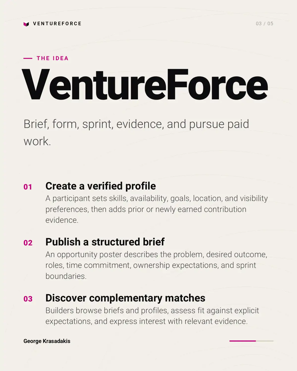Sample Idea Social Carousel for VentureForce, slide 3: The idea. How it works, in three steps.