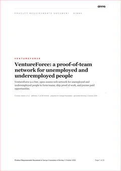 Sample Product Requirements Document (PRD) for VentureForce, page 1: Title page. The product, its promise and a one-paragraph summary.