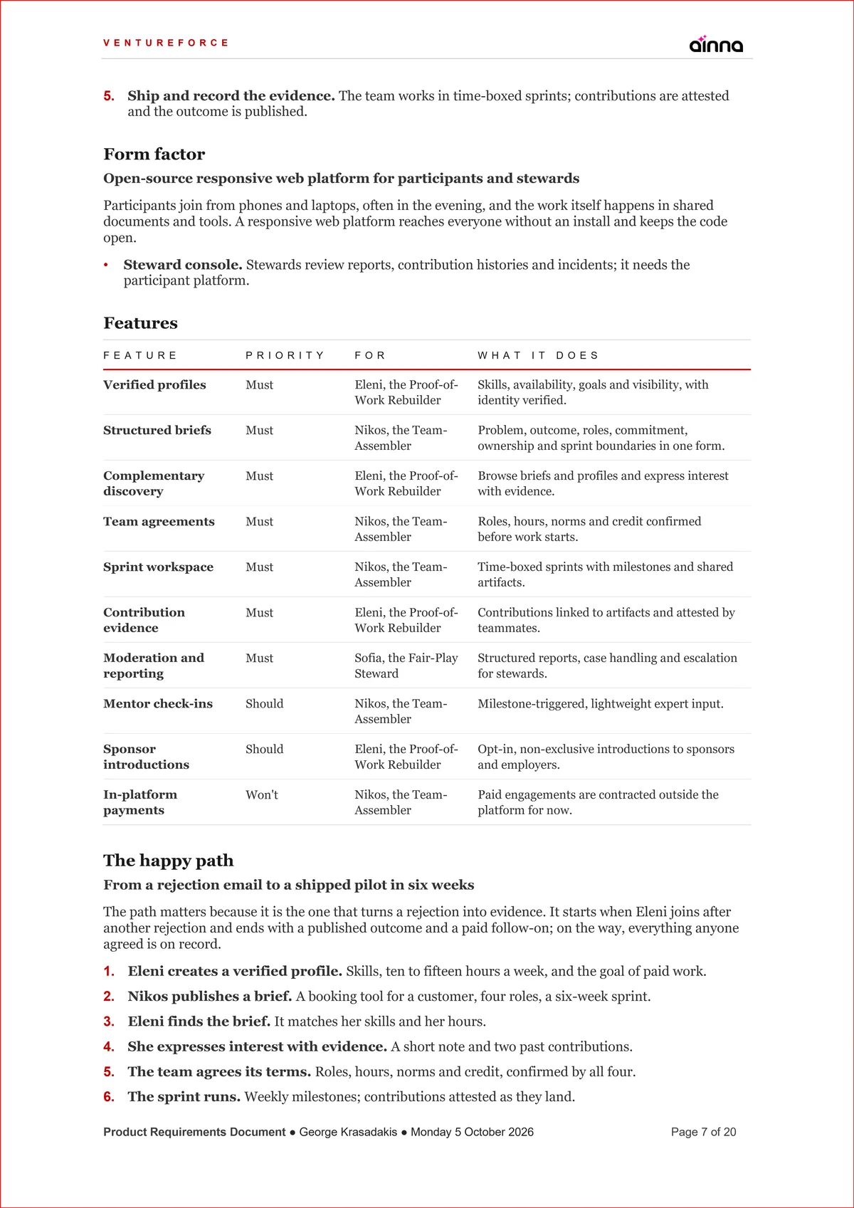 Sample Product Requirements Document (PRD) for VentureForce, page 7: The solution and the happy path. How it works, the features with their priorities, and one user's path through the product.