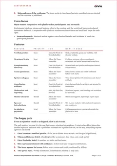 Sample Product Requirements Document (PRD) for VentureForce, page 7: The solution and the happy path. How it works, the features with their priorities, and one user's path through the product.