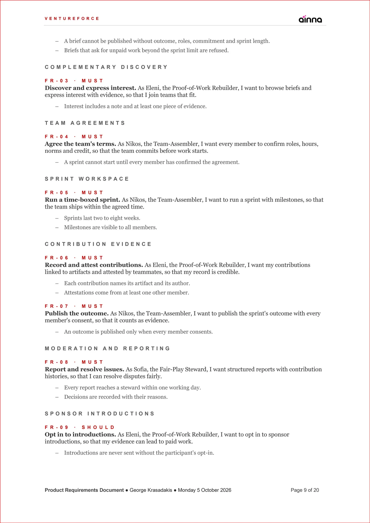 Sample Product Requirements Document (PRD) for VentureForce, page 9: Requirements. Every requirement as a user story, traced to a feature, with its priority.