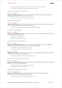 Sample Product Requirements Document (PRD) for VentureForce, page 9: Requirements. Every requirement as a user story, traced to a feature, with its priority.