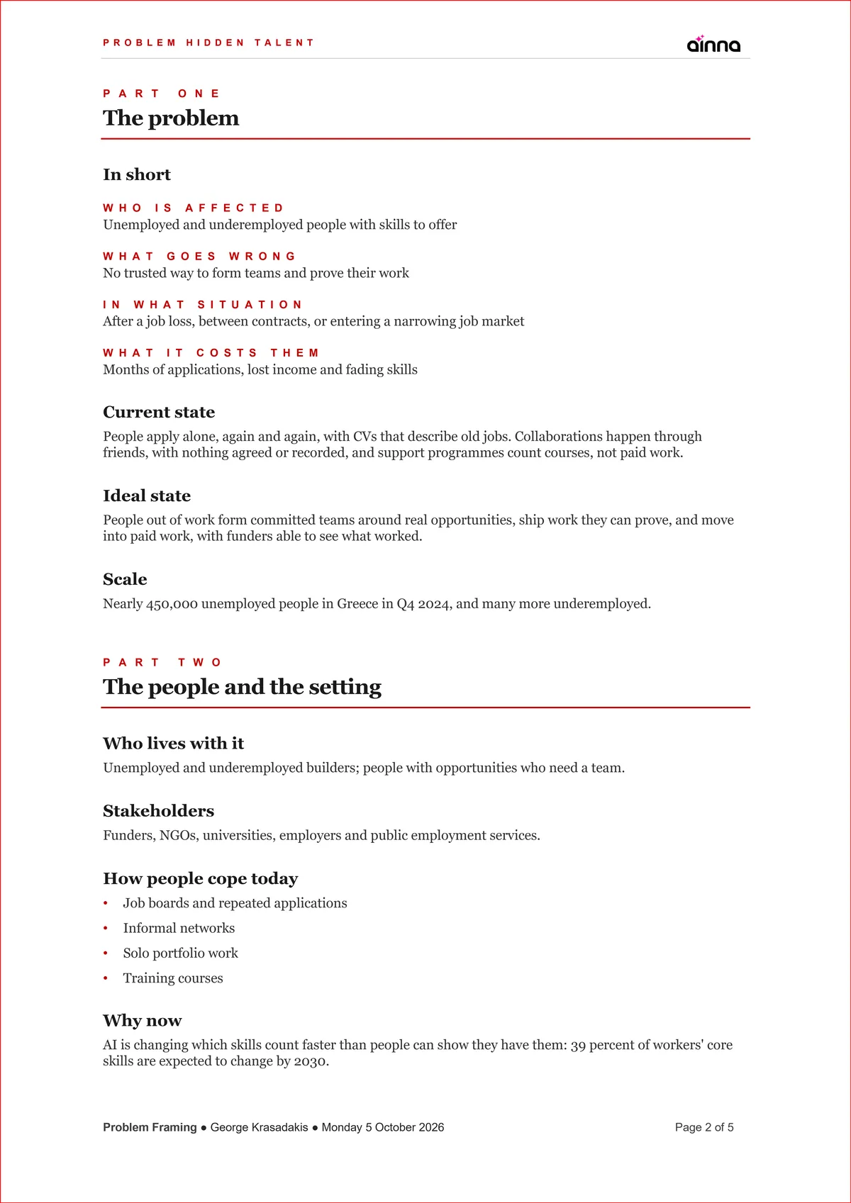 Sample Problem Framing Document for Problem Hidden Talent, page 2: Part one, the problem. The problem in short, its current and ideal state, then the people and the setting.