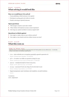 Sample Problem Framing Document for Problem Hidden Talent, page 3: What it rests on. How we would know it is solved, the open questions, and the evidence, each with its source and date.