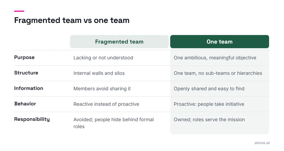 Table contrasting a fragmented team with a one-team culture on purpose, structure, information, behavior and responsibility.