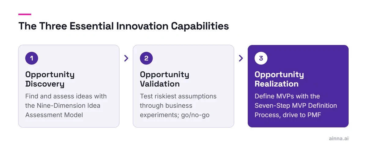 Three steps in sequence: Opportunity Discovery, Opportunity Validation and Opportunity Realization, each with its main method, with Realization highlighted.