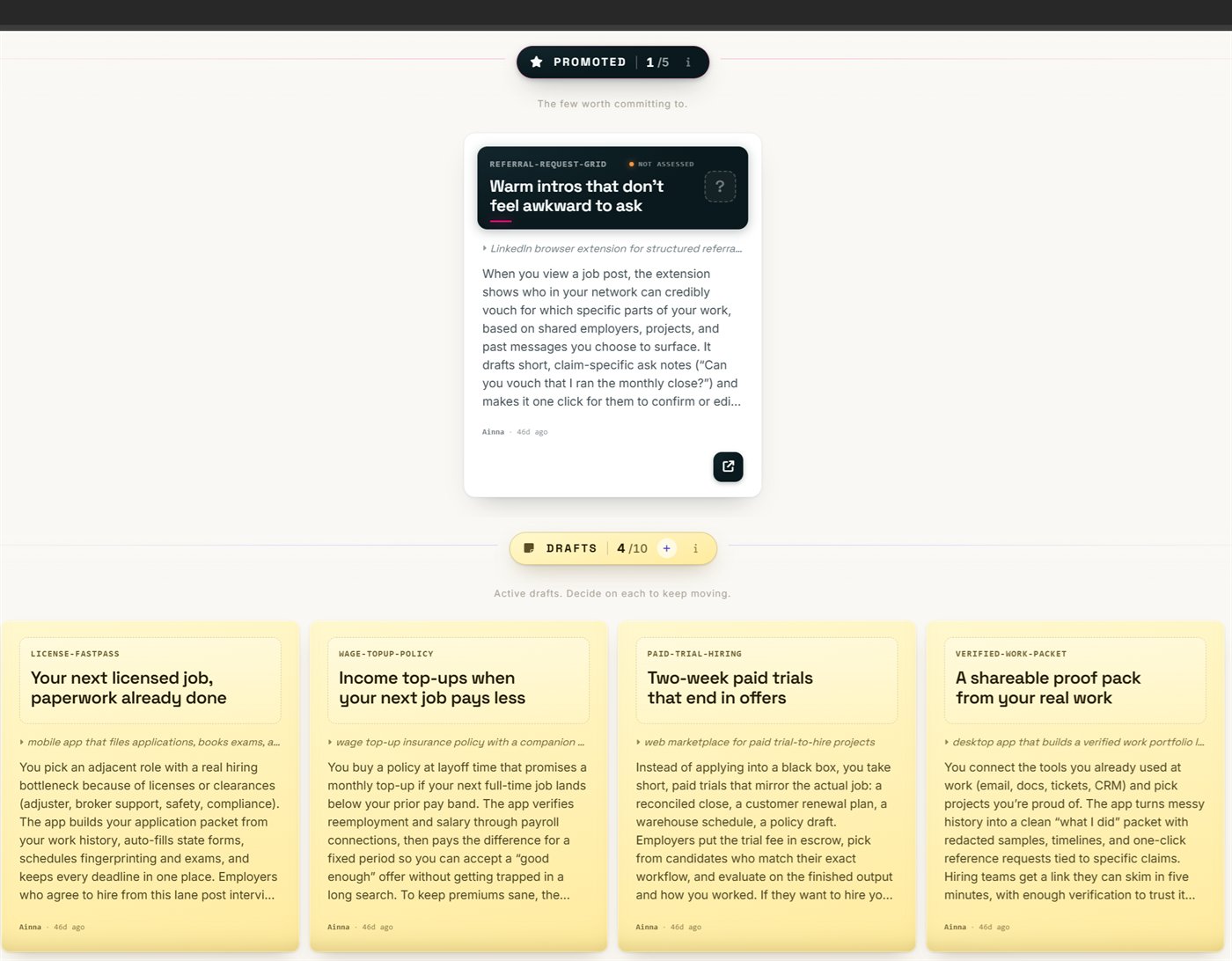 The board of generated concepts: one promoted, four drafts waiting for a decision, none parked