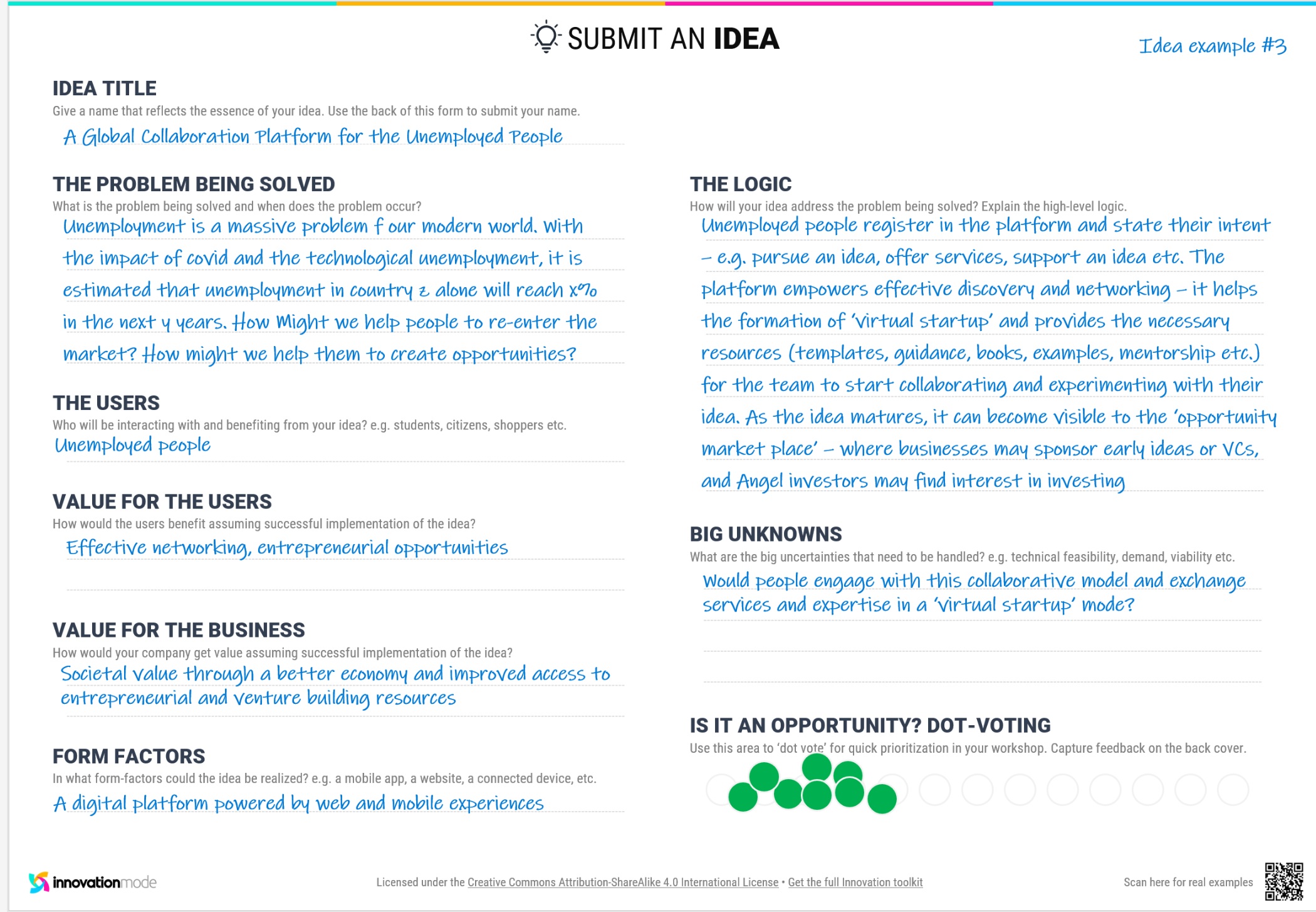 Innovation Mode idea template for structuring business ideas including digital collaboration platform concepts and value propositions