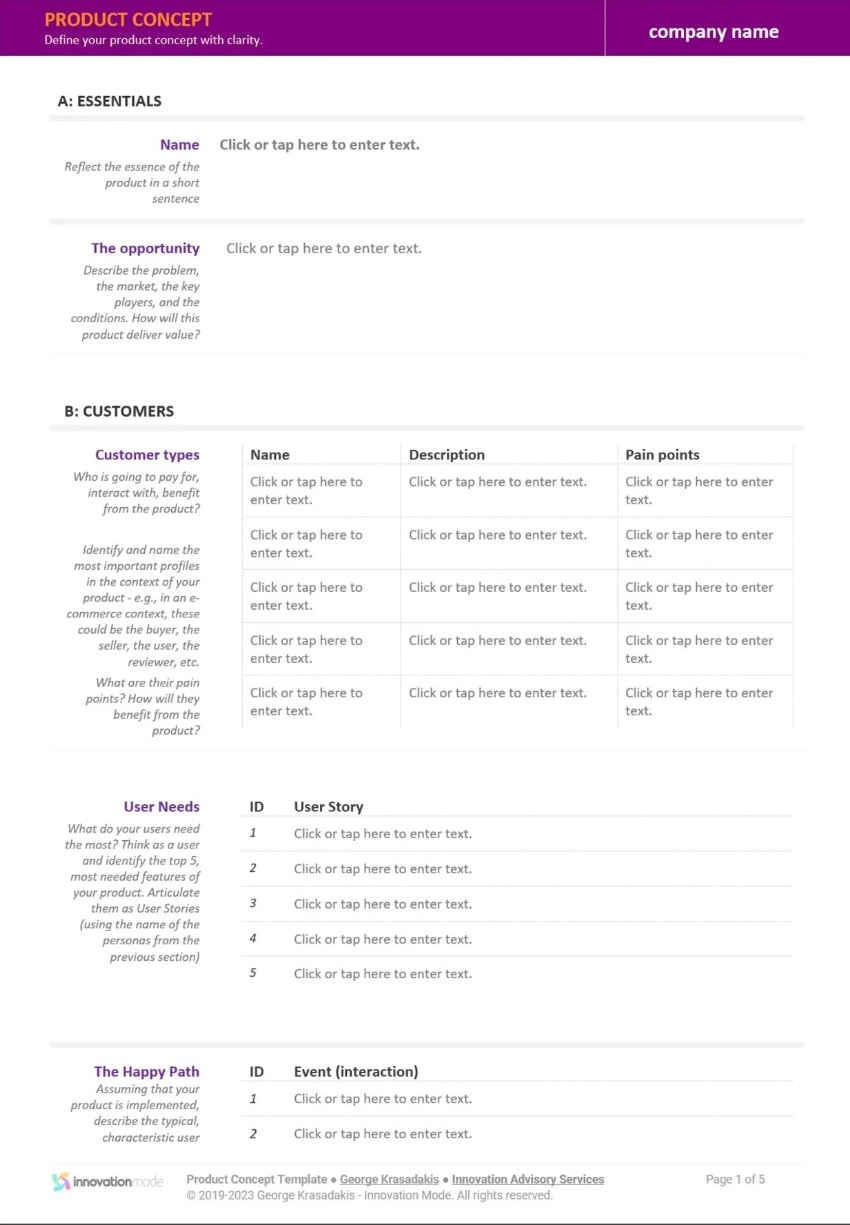Innovation Mode product concept template for defining product ideas, value propositions, and market fit