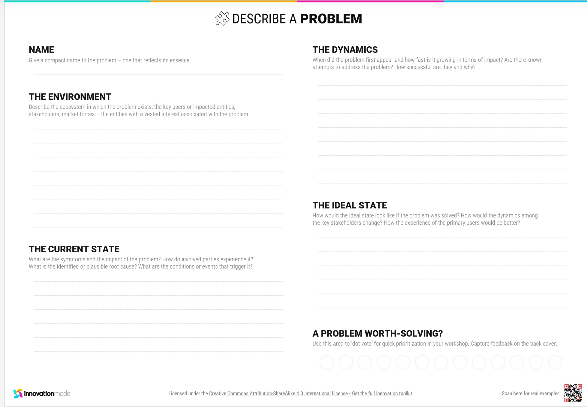 Innovation Mode problem template for defining business challenges, identifying opportunities, and structuring innovation strategy